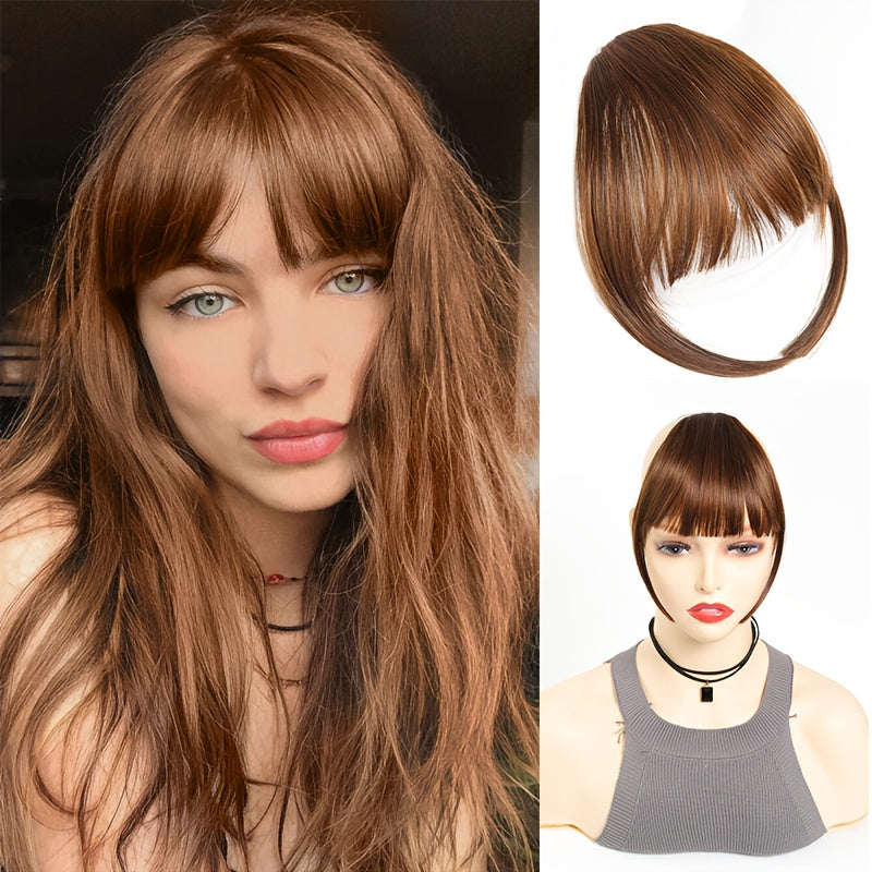 Elegant Clip-In Bangs for Women - Natural-Looking, Voluminous Fake Hair Extensions in Golden Chestnut Brown, Black, Light Brown | High-Quality, Heat-Resistant Synthetic Fiber with Temples for Casual Attire