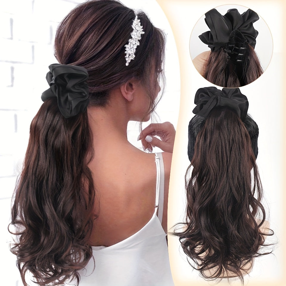 16 Inch Elegant Black Wavy Claw Clip Ponytail Hair Extensions for Women - High-Temperature Fiber, Synthetic Ponytail with Black Headband, Perfect for Weddings & Formal Event