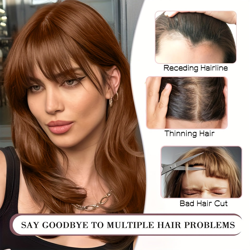 Elegant Clip-In Bangs for Women - Natural-Looking, Voluminous Fake Hair Extensions in Golden Chestnut Brown, Black, Light Brown | High-Quality, Heat-Resistant Synthetic Fiber with Temples for Casual Attire