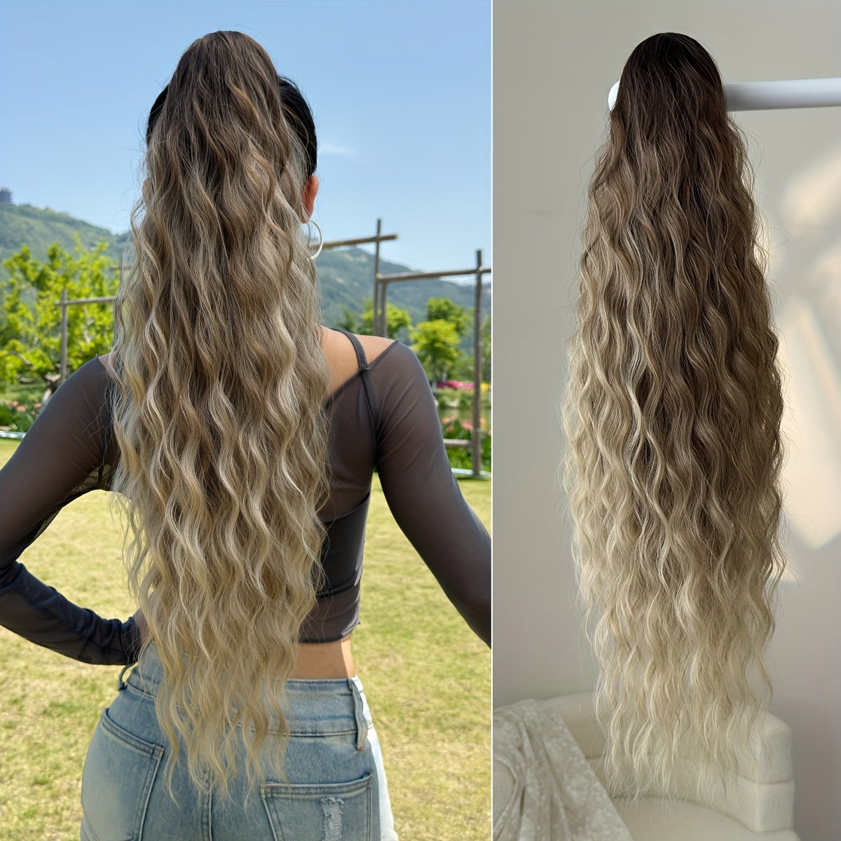 Ombre Colored Claw-Shaped Ponytail Extension Hair Accessory - 26 Inch Water Wave Heat-Resistant Synthetic Ponytail Wig for Women, Dark Brown to Blonde Gradient, Perfect for Daily Use, Ponytail Wigs, Hair Styling, Versatile Hairpiece, Heatresistant Fiber