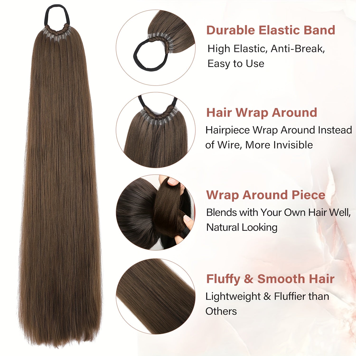 26-Inch Long Straight Ponytail Extension with Braided Boxing Ties And Rubber Bands for DIY.