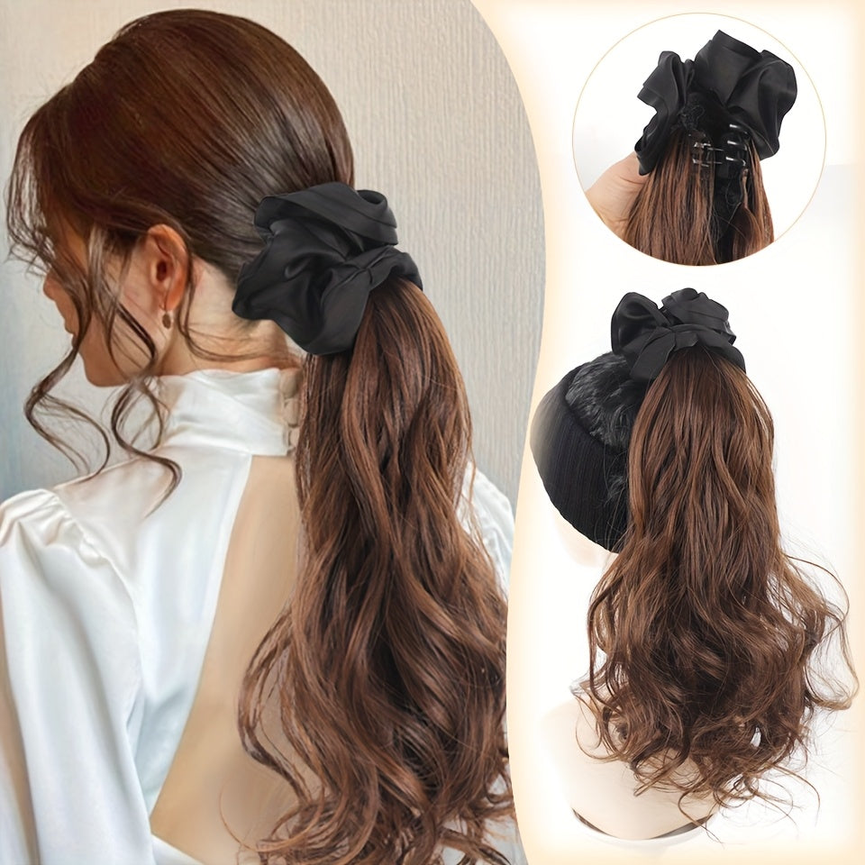 16 Inch Elegant Black Wavy Claw Clip Ponytail Hair Extensions for Women - High-Temperature Fiber, Synthetic Ponytail with Black Headband, Perfect for Weddings & Formal Event