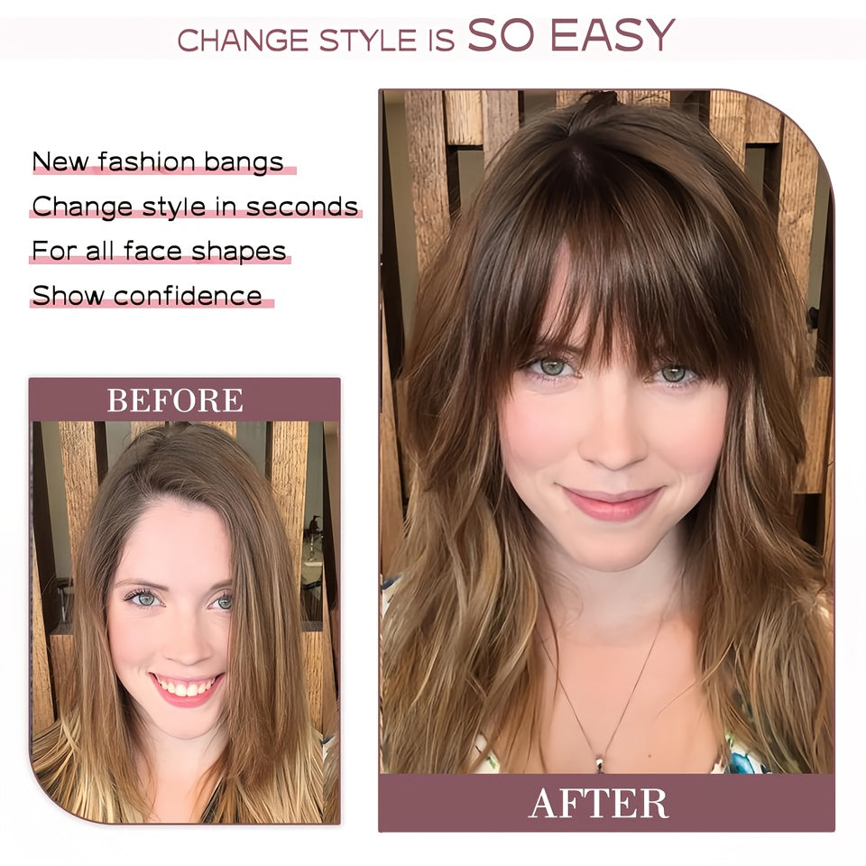 Elegant Clip-In Bangs for Women - Natural-Looking, Voluminous Fake Hair Extensions in Golden Chestnut Brown, Black, Light Brown | High-Quality, Heat-Resistant Synthetic Fiber with Temples for Casual Attire
