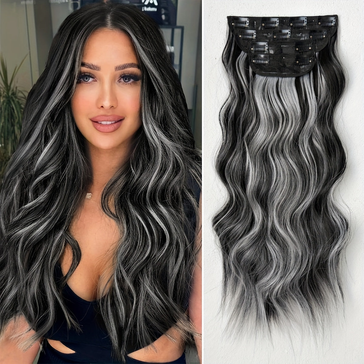 22 Inch Long Wavy Heat-Resistant Fiber Synthetic Hair Patch in Black and White, Suitable for Women'S Daily Use