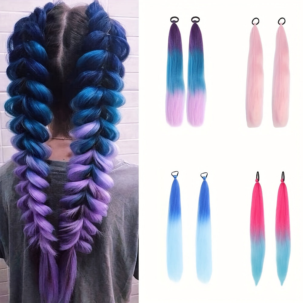 2pcs set, 26-inch DIY ponytail extensions, suitable for braided extensions, heat-resistant rainbow-colored synthetic braided hair, perfect for ladies' hair accessories, Halloween, and carnival
