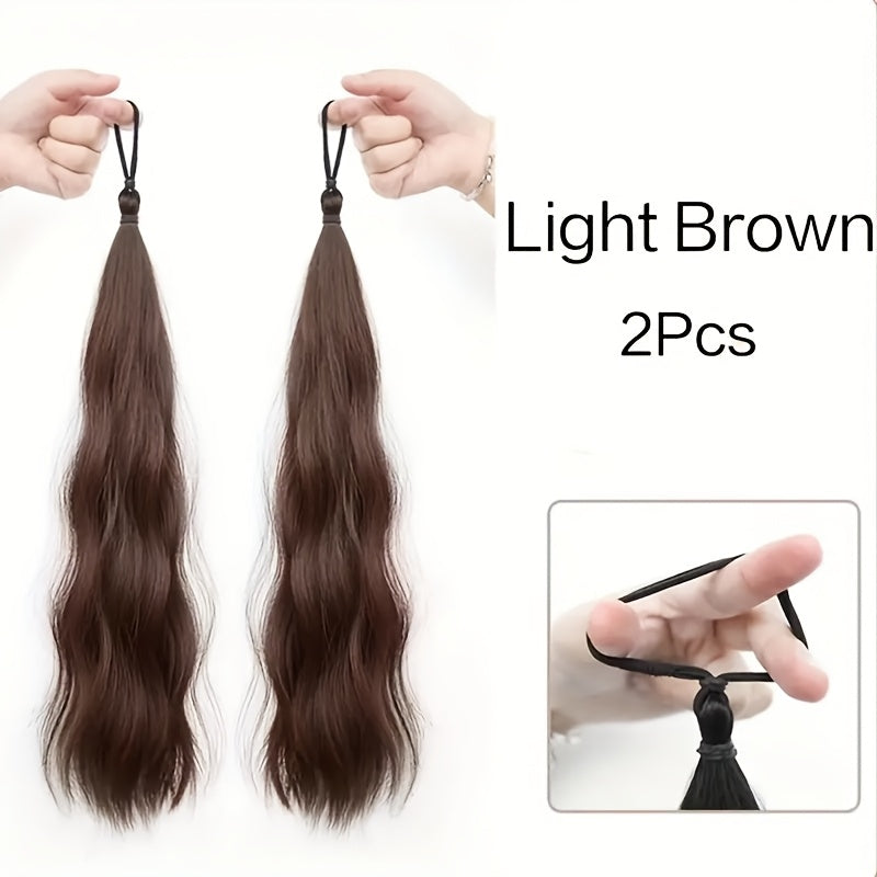 2pcs Set of Synthetic Hair - Long Wavy Braided Ponytail Band with Elastic Rubber Band, Straight Style, Women'S Elastic Hair Loop, Suitable for Various Hairstyles, Wigs