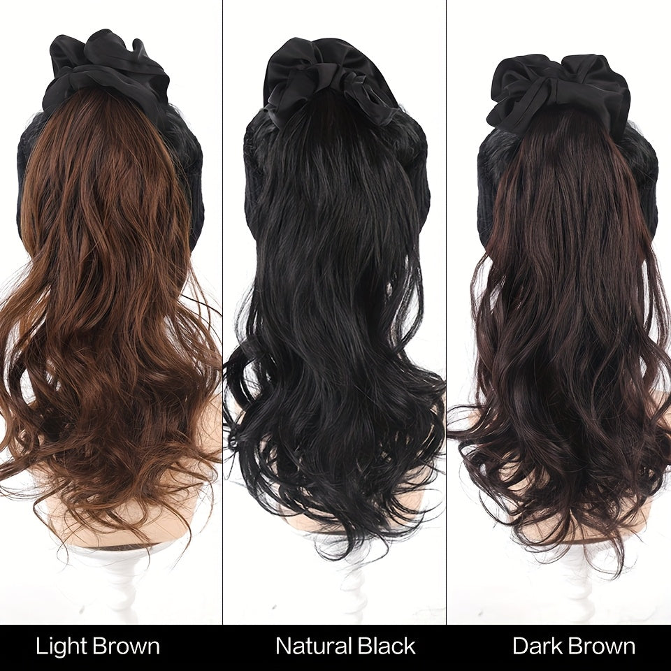 16 Inch Elegant Black Wavy Claw Clip Ponytail Hair Extensions for Women - High-Temperature Fiber, Synthetic Ponytail with Black Headband, Perfect for Weddings & Formal Event