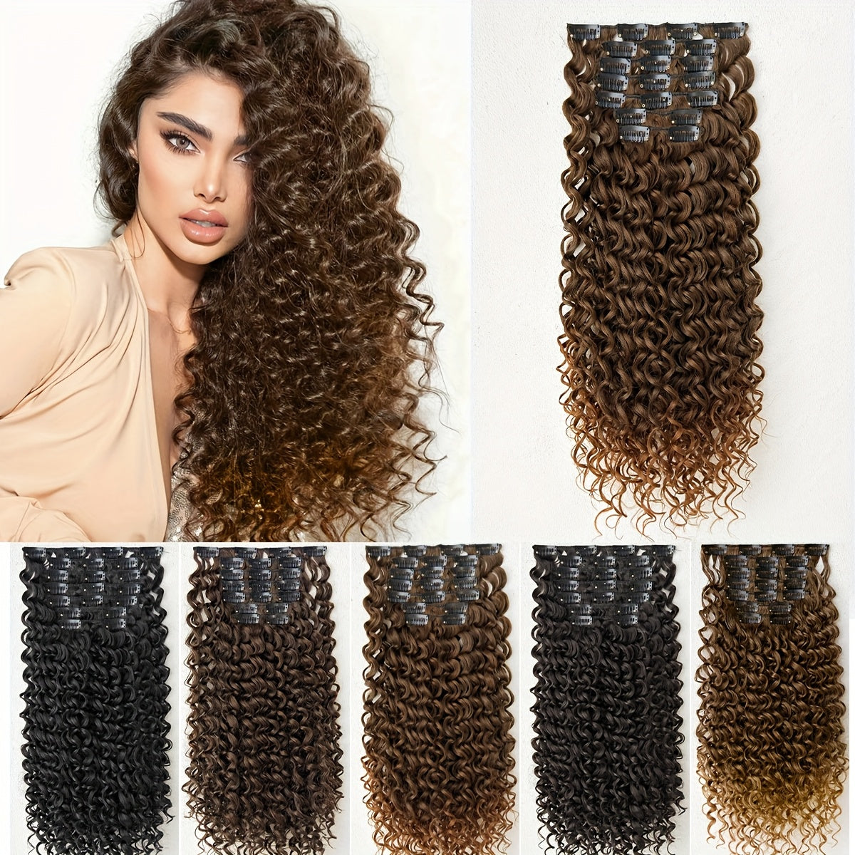 7pcs hair clip with Ombre color 45.72 cm Kinky Curly heat-resistant fiber synthetic hair piece, suitable for Women's daily use