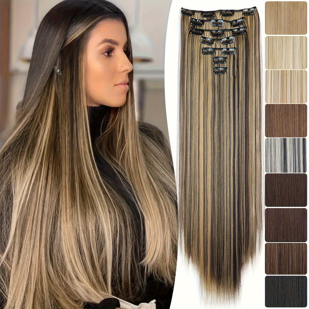 24-Inch 7pcs Set 16 Clip-In Women's Straight Hair Extensions Set Natural Gloss Heat-Resistant Synthetic Fiber Glamorous Style Suitable for All Users Increase Hair Volume Holiday Hot New Style New Color