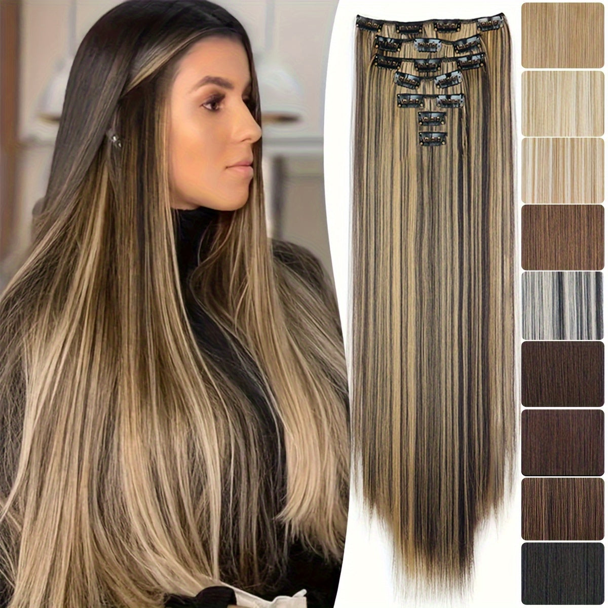 24-Inch 7pcs Set 16 Clip-In Women's Straight Hair Extensions Set Natural Gloss Heat-Resistant Synthetic Fiber Glamorous Style Suitable for All Users Increase Hair Volume Holiday Hot New Style New Color