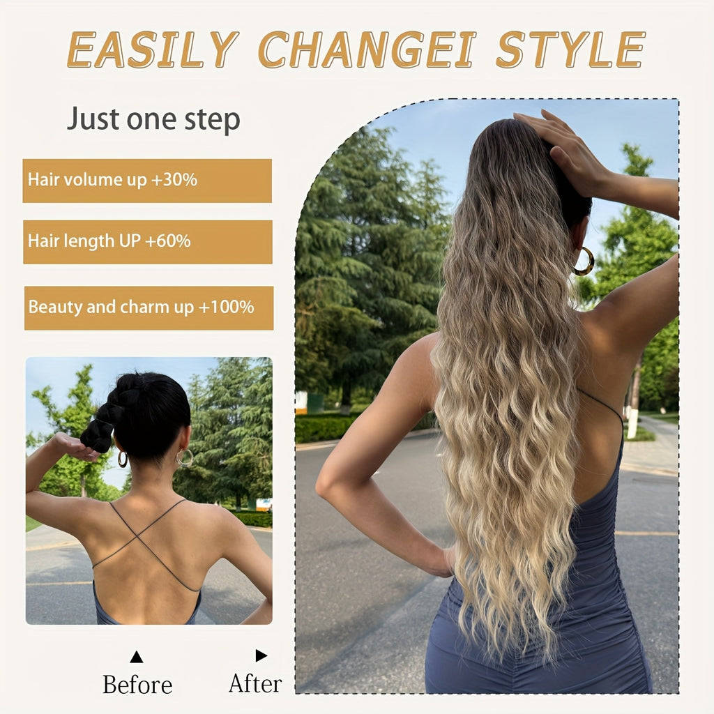 Ombre Colored Claw-Shaped Ponytail Extension Hair Accessory - 26 Inch Water Wave Heat-Resistant Synthetic Ponytail Wig for Women, Dark Brown to Blonde Gradient, Perfect for Daily Use, Ponytail Wigs, Hair Styling, Versatile Hairpiece, Heatresistant Fiber