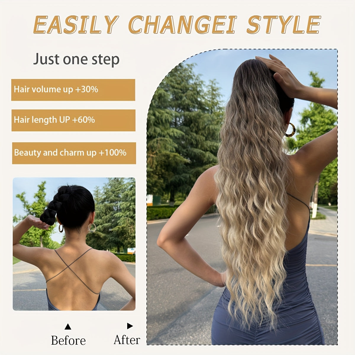 Ombre Colored Claw-Shaped Ponytail Extension Hair Accessory - 26 Inch Water Wave Heat-Resistant Synthetic Ponytail Wig for Women, Dark Brown to Blonde Gradient, Perfect for Daily Use, Ponytail Wigs, Hair Styling, Versatile Hairpiece, Heatresistant Fiber