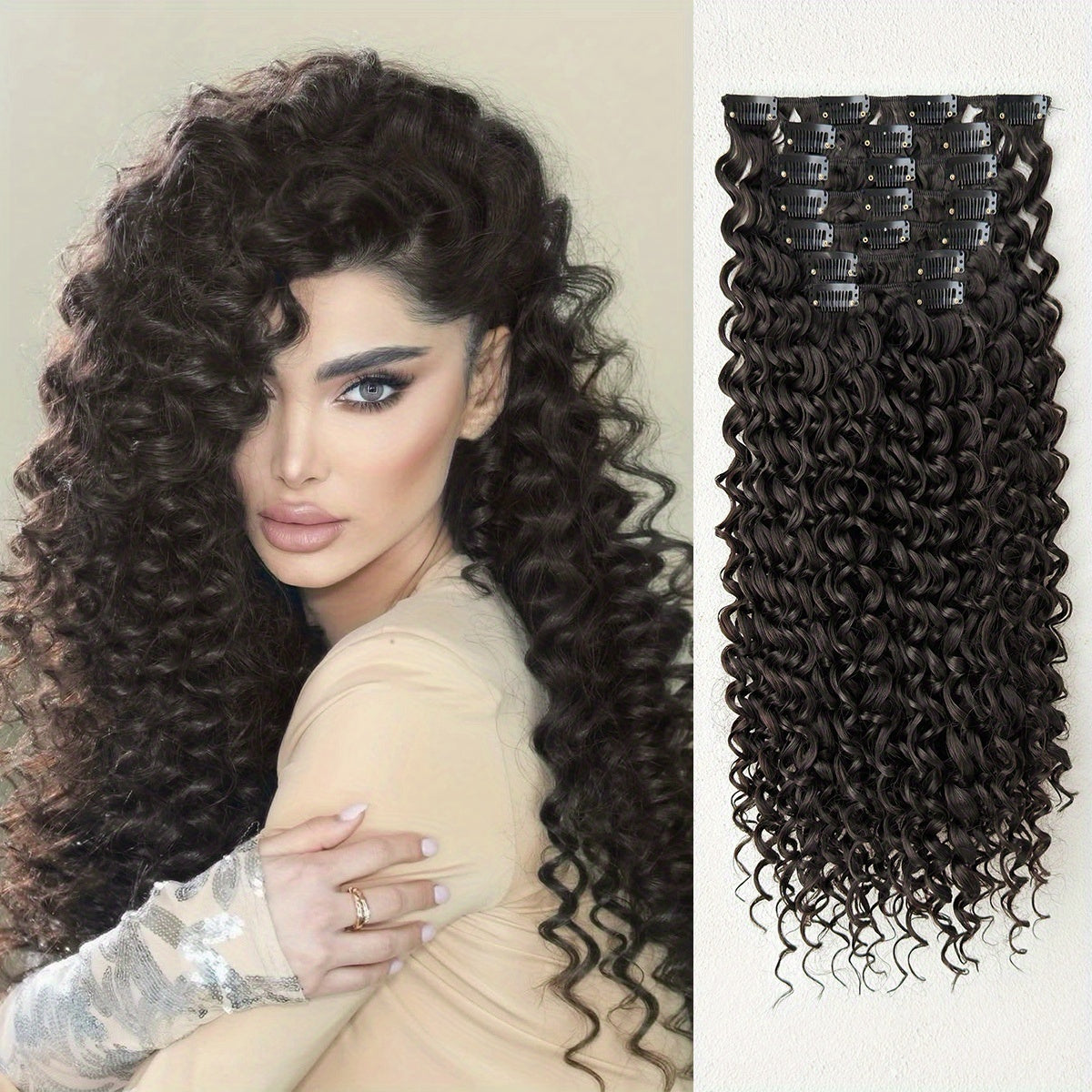 7pcs hair clip with Ombre color 45.72 cm Kinky Curly heat-resistant fiber synthetic hair piece, suitable for Women's daily use