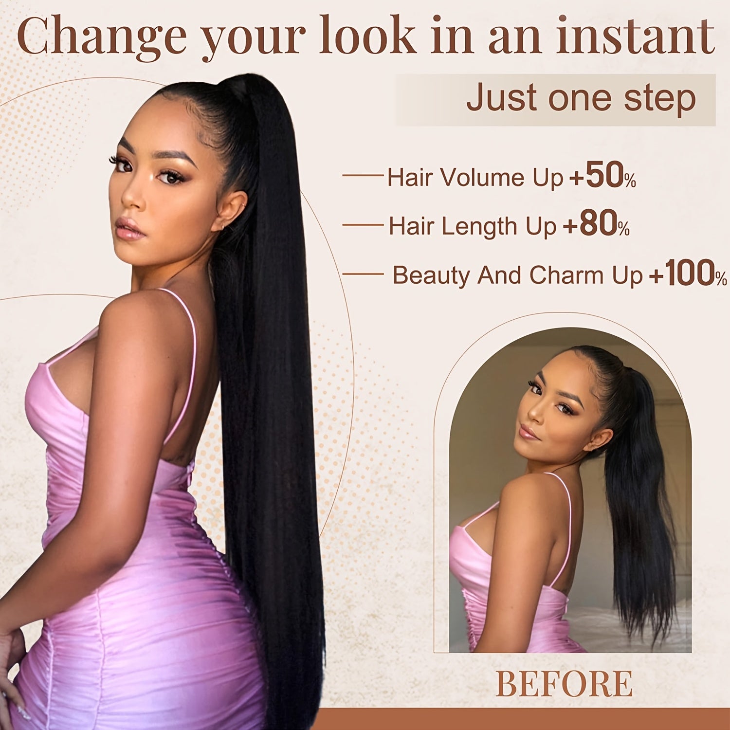 26-Inch Long Straight Ponytail Extension with Braided Boxing Ties And Rubber Bands for DIY.
