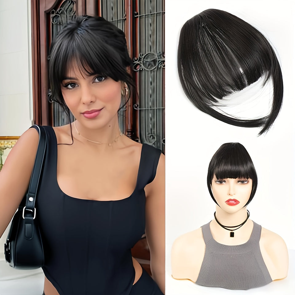 Elegant Clip-In Bangs for Women - Natural-Looking, Voluminous Fake Hair Extensions in Golden Chestnut Brown, Black, Light Brown | High-Quality, Heat-Resistant Synthetic Fiber with Temples for Casual Attire