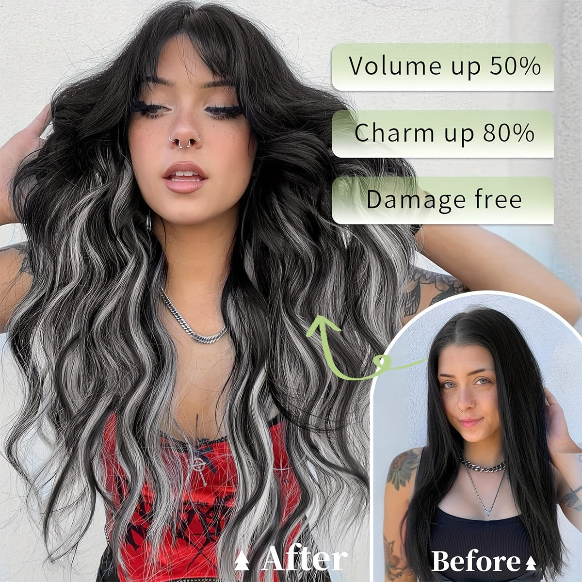 22 Inch Long Wavy Heat-Resistant Fiber Synthetic Hair Patch in Black and White, Suitable for Women'S Daily Use