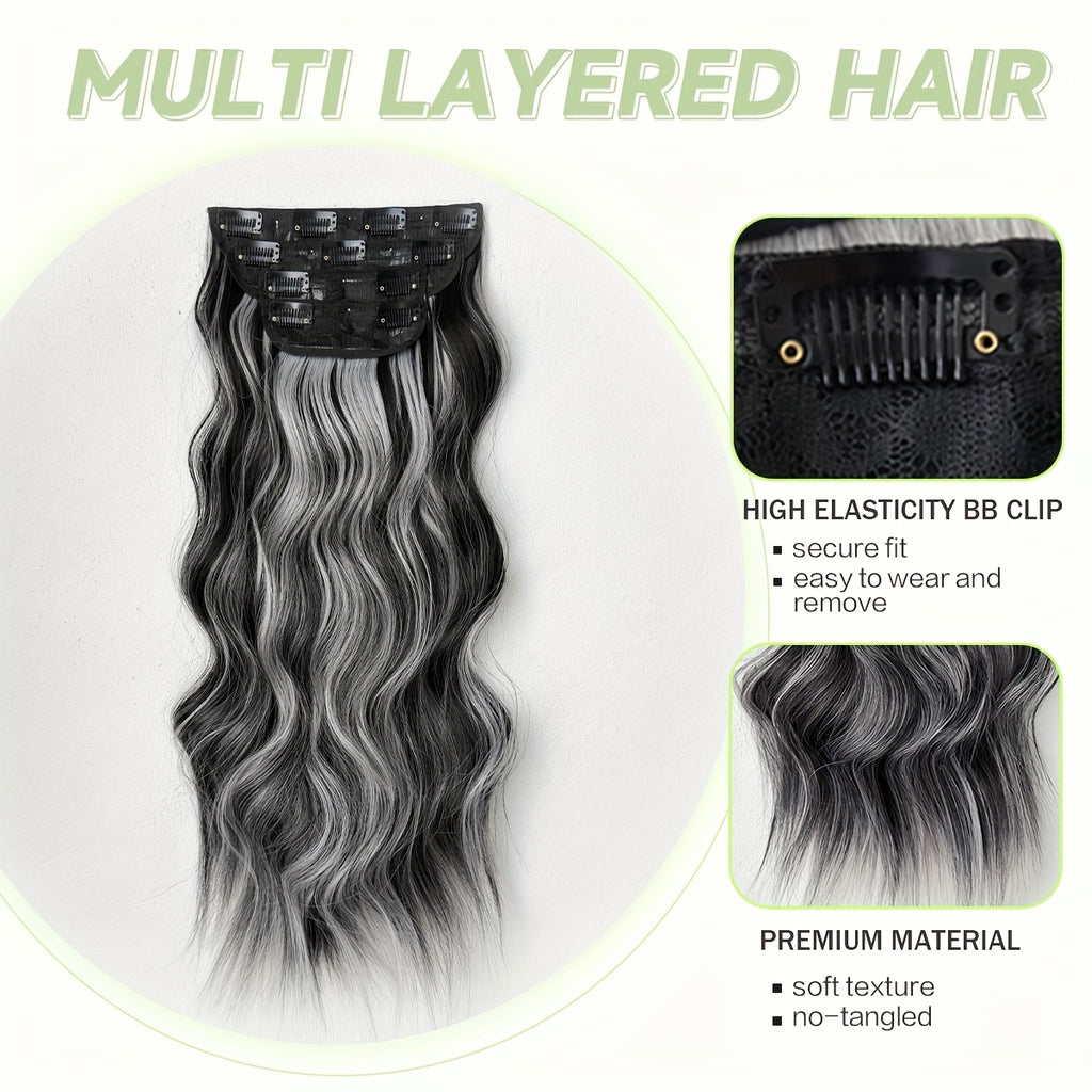22 Inch Long Wavy Heat-Resistant Fiber Synthetic Hair Patch in Black and White, Suitable for Women'S Daily Use