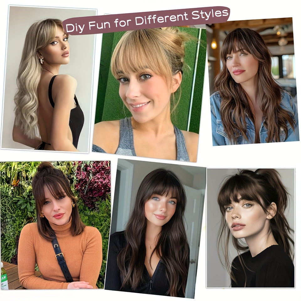 Elegant Clip-In Bangs for Women - Natural-Looking, Voluminous Fake Hair Extensions in Golden Chestnut Brown, Black, Light Brown | High-Quality, Heat-Resistant Synthetic Fiber with Temples for Casual Attire