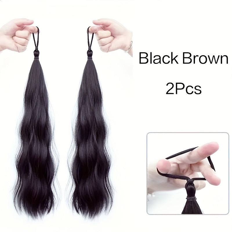 2pcs Set of Synthetic Hair - Long Wavy Braided Ponytail Band with Elastic Rubber Band, Straight Style, Women'S Elastic Hair Loop, Suitable for Various Hairstyles, Wigs