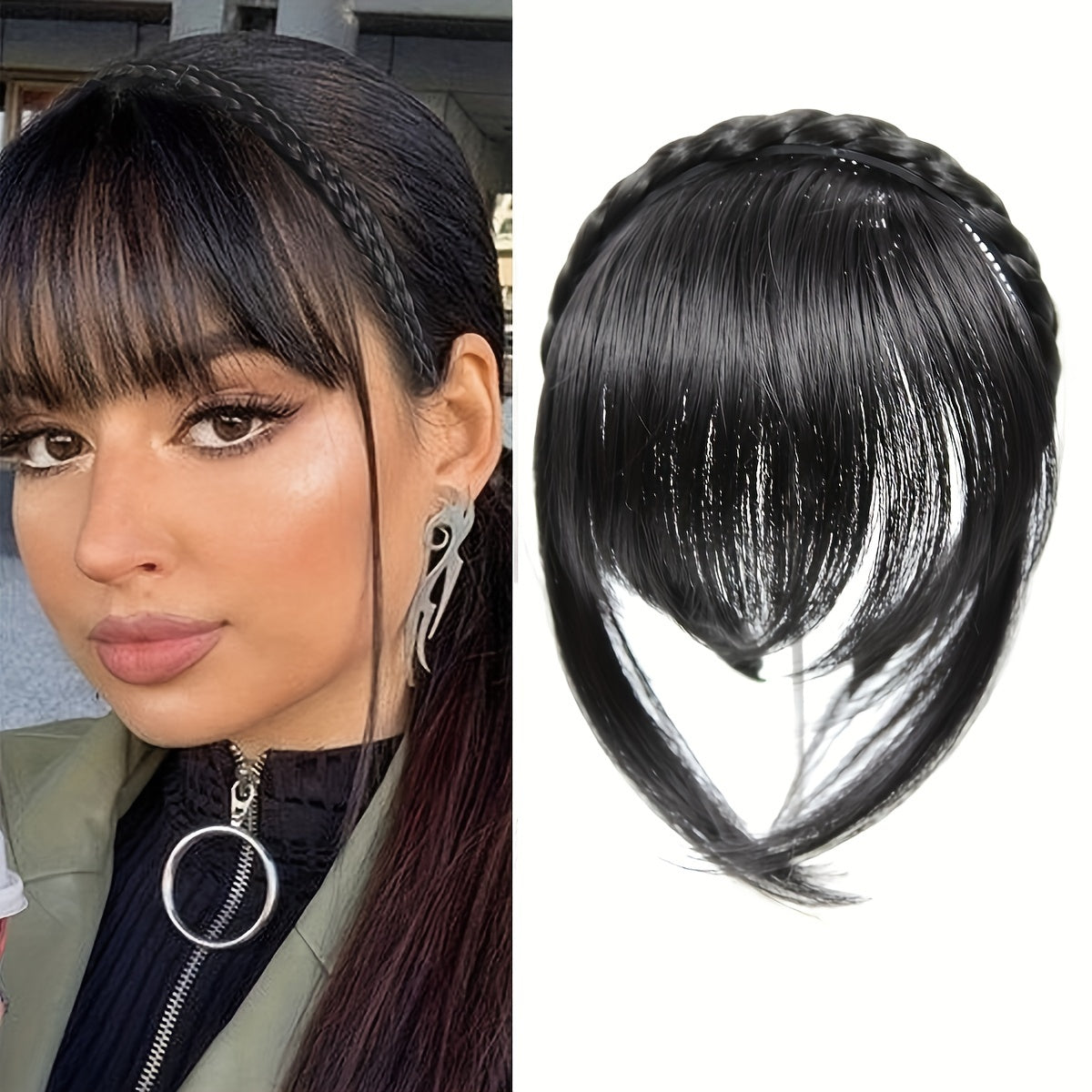 Elegant Twist Braid Headband with Short Straight Synthetic Hair Bangs - High-Temperature Fiber, Versatile Hairstyle Accessory for Women, Easy to Wear, Perfect for Adding Volume and Style, Hair Accessories
