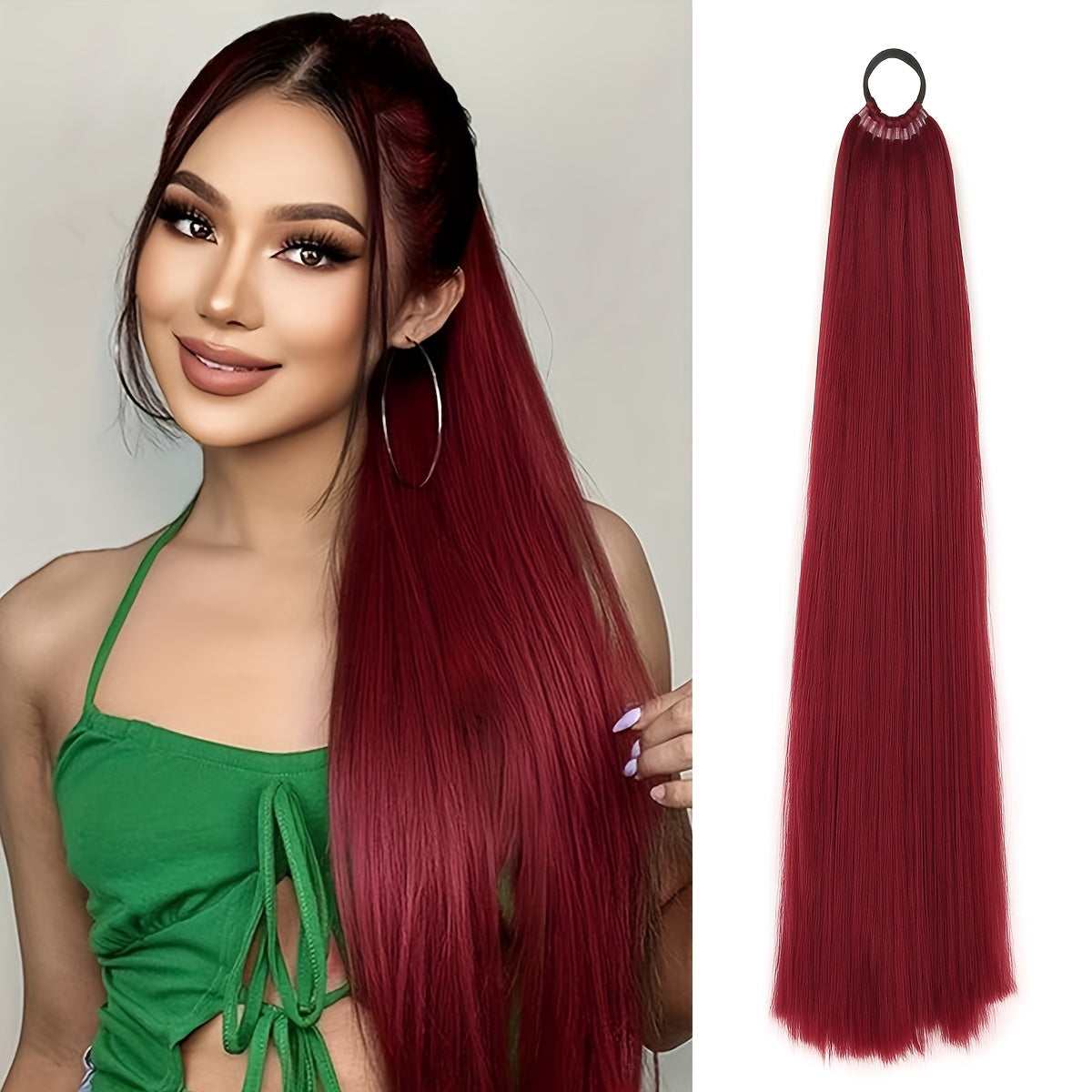 26-Inch Long Straight Ponytail Extension with Braided Boxing Ties And Rubber Bands for DIY.