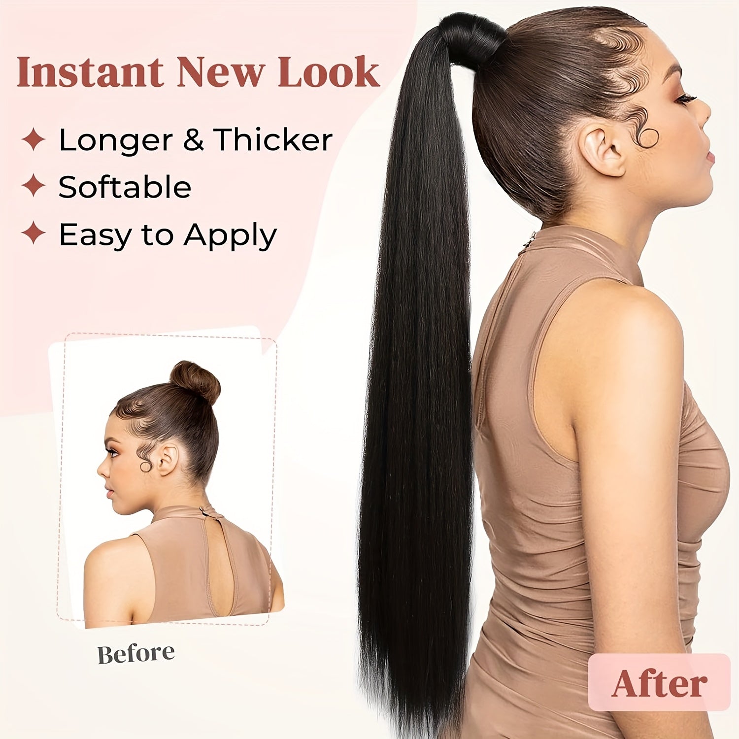 26-Inch Long Straight Ponytail Extension with Braided Boxing Ties And Rubber Bands for DIY.