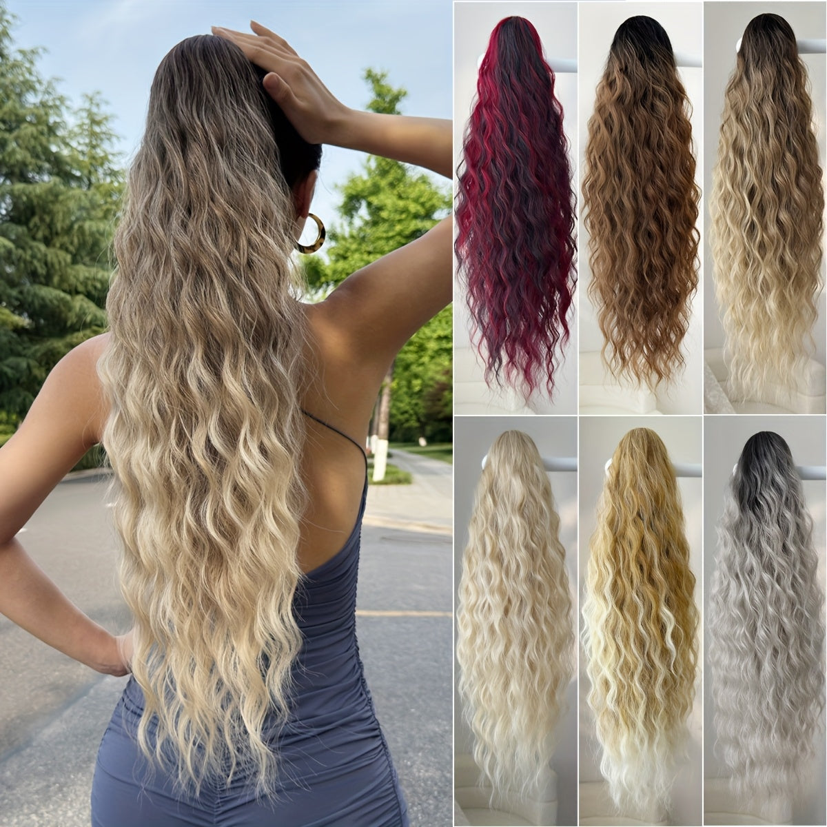 Ombre Colored Claw-Shaped Ponytail Extension Hair Accessory - 26 Inch Water Wave Heat-Resistant Synthetic Ponytail Wig for Women, Dark Brown to Blonde Gradient, Perfect for Daily Use, Ponytail Wigs, Hair Styling, Versatile Hairpiece, Heatresistant Fiber