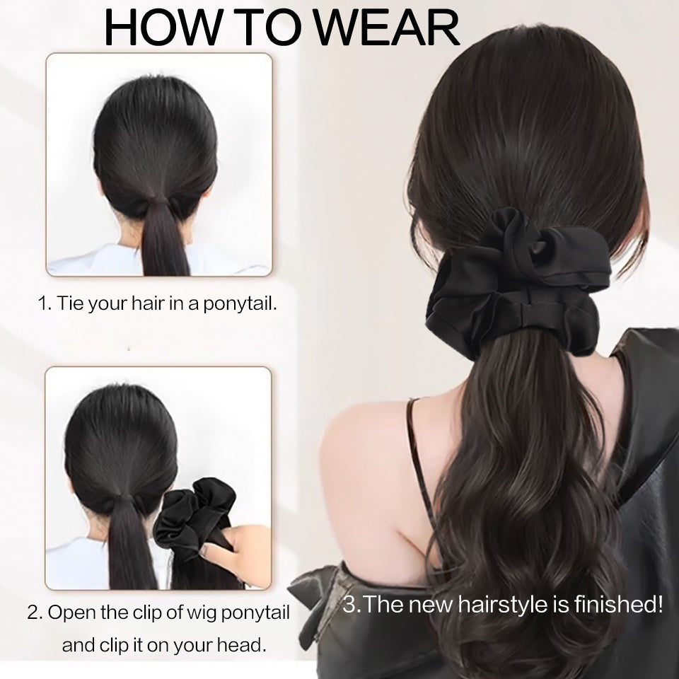 16 Inch Elegant Black Wavy Claw Clip Ponytail Hair Extensions for Women - High-Temperature Fiber, Synthetic Ponytail with Black Headband, Perfect for Weddings & Formal Event