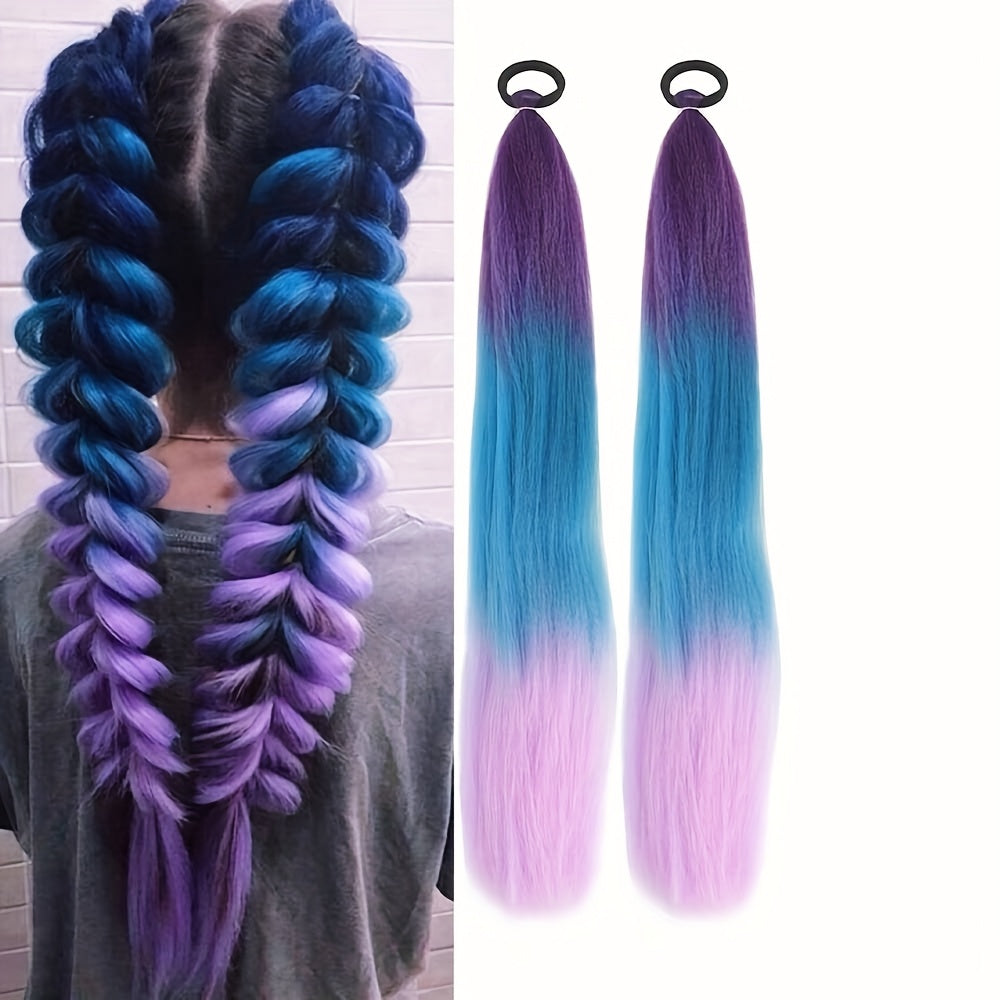 2pcs set, 26-inch DIY ponytail extensions, suitable for braided extensions, heat-resistant rainbow-colored synthetic braided hair, perfect for ladies' hair accessories, Halloween, and carnival