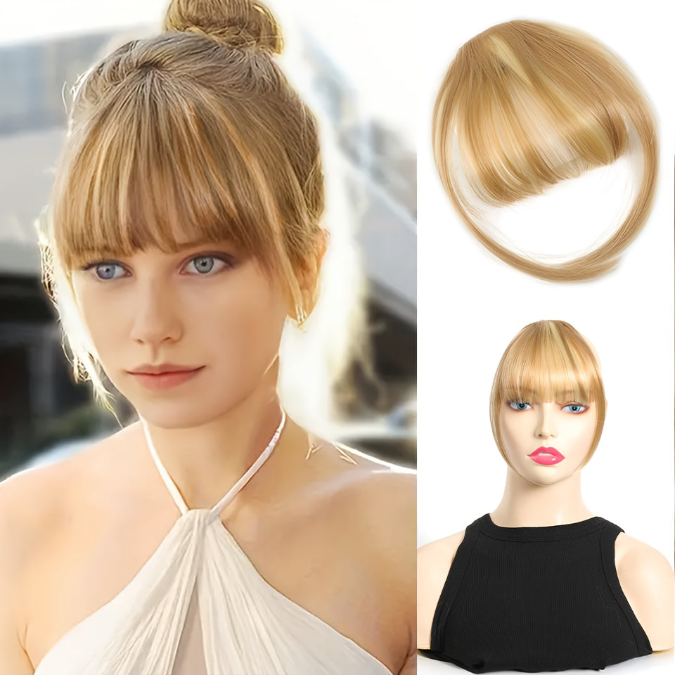 Elegant Clip-In Bangs for Women - Natural-Looking, Voluminous Fake Hair Extensions in Golden Chestnut Brown, Black, Light Brown | High-Quality, Heat-Resistant Synthetic Fiber with Temples for Casual Attire