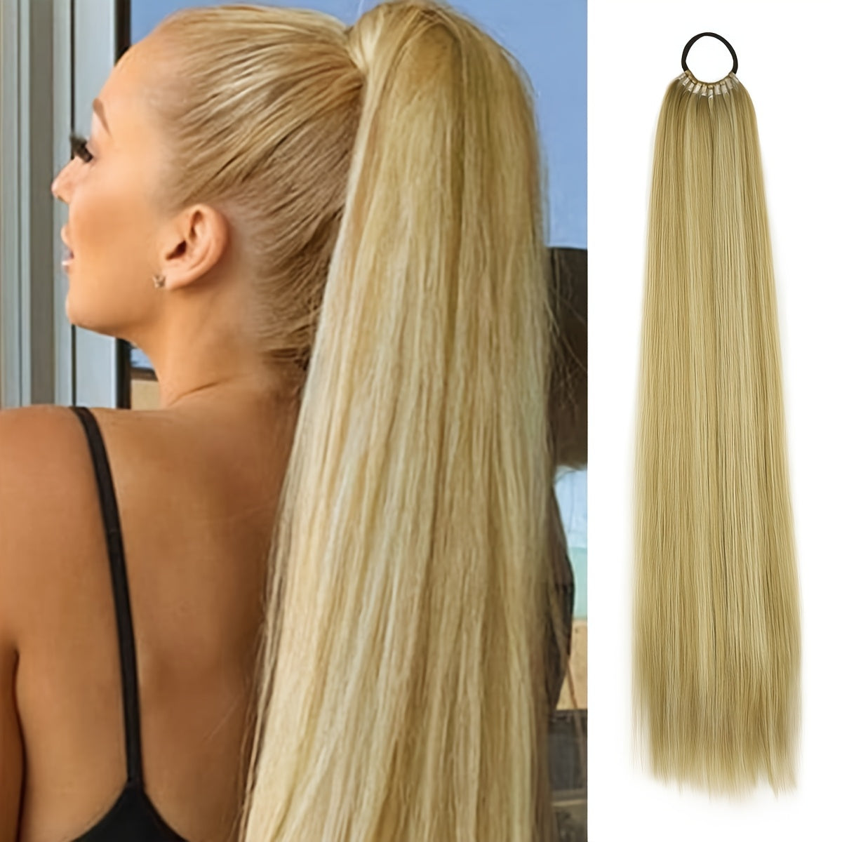 26-Inch Long Straight Ponytail Extension with Braided Boxing Ties And Rubber Bands for DIY.