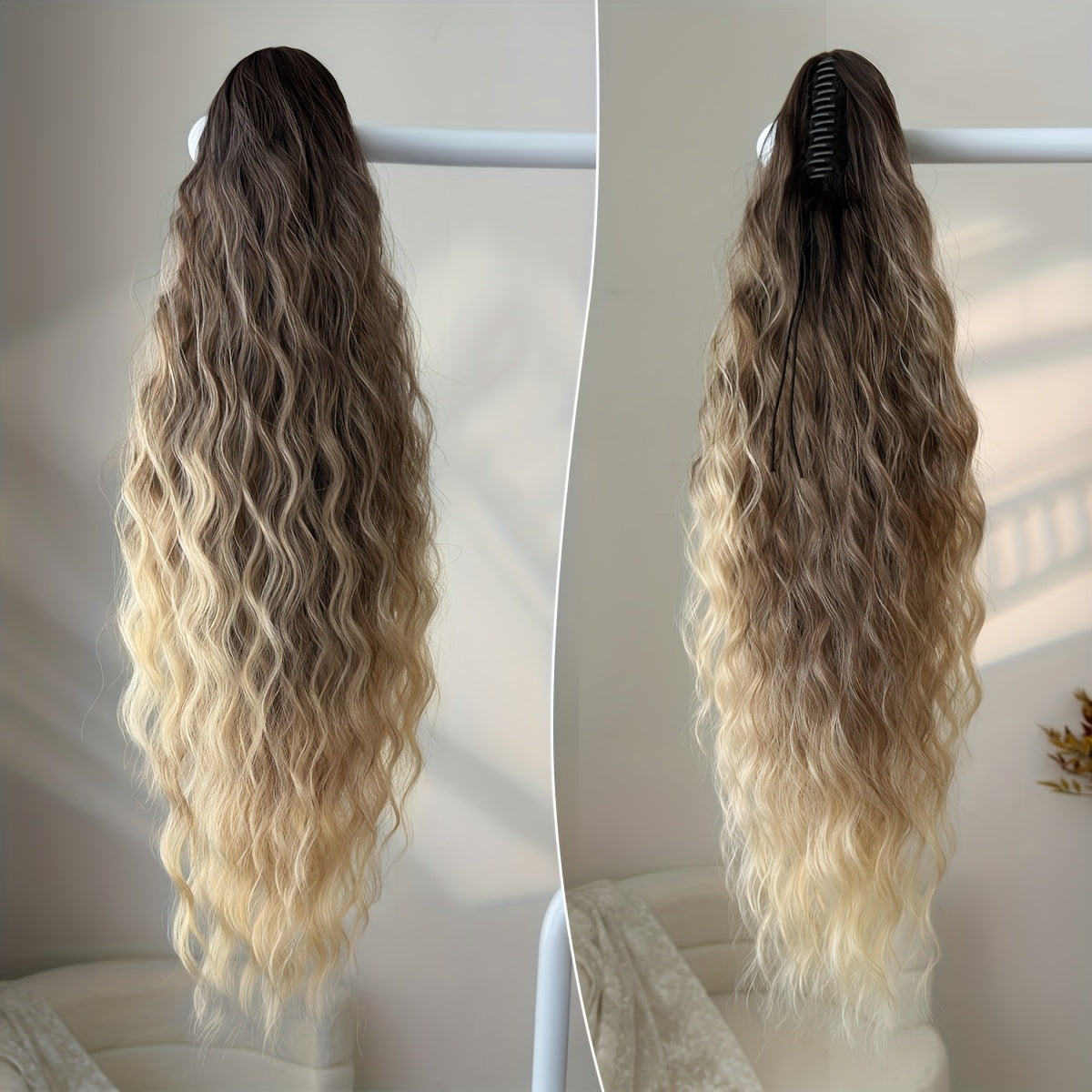 Ombre Colored Claw-Shaped Ponytail Extension Hair Accessory - 26 Inch Water Wave Heat-Resistant Synthetic Ponytail Wig for Women, Dark Brown to Blonde Gradient, Perfect for Daily Use, Ponytail Wigs, Hair Styling, Versatile Hairpiece, Heatresistant Fiber