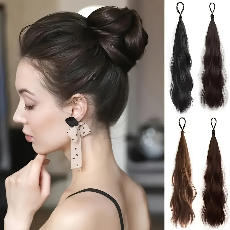 2pcs Set of Synthetic Hair - Long Wavy Braided Ponytail Band with Elastic Rubber Band, Straight Style, Women'S Elastic Hair Loop, Suitable for Various Hairstyles, Wigs