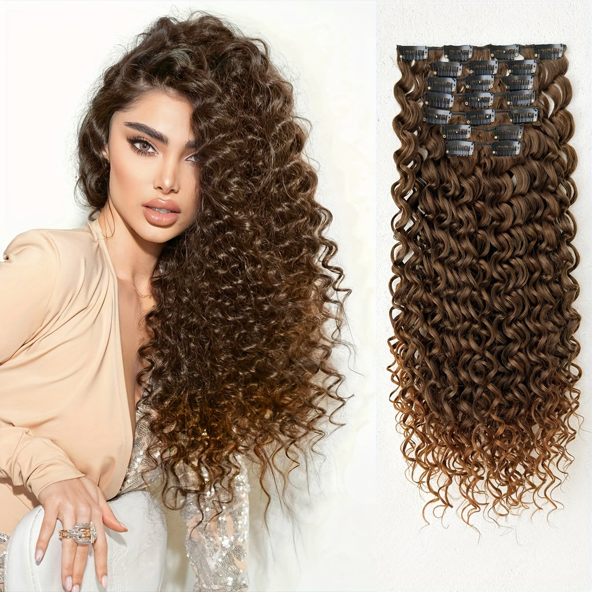 7pcs hair clip with Ombre color 45.72 cm Kinky Curly heat-resistant fiber synthetic hair piece, suitable for Women's daily use