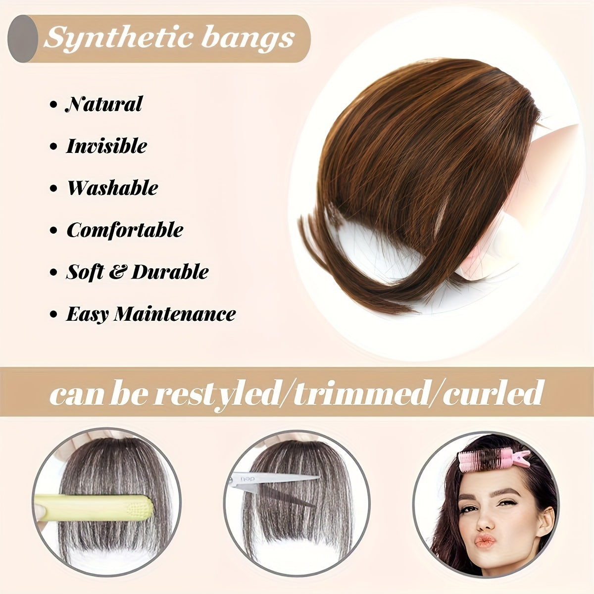 1pc Synthetic 15.24cm Bangs, Women'S Hair Clip-on Fake Forehead Hairpiece, Straight Hair, Comfortable & Breathable, Easy Maintenance, for Daily Wear