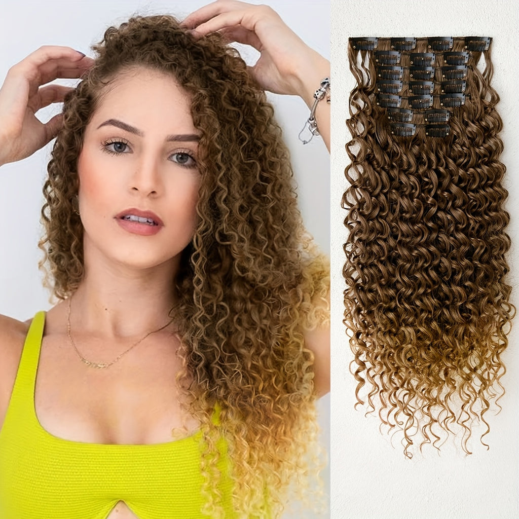 7pcs hair clip with Ombre color 45.72 cm Kinky Curly heat-resistant fiber synthetic hair piece, suitable for Women's daily use