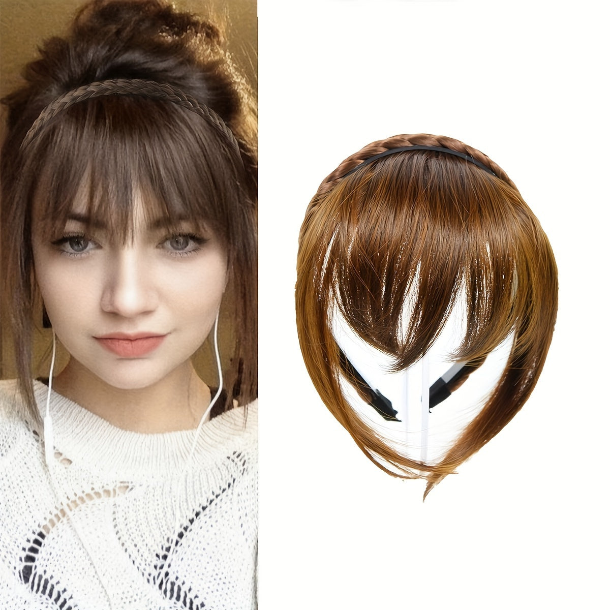 Elegant Twist Braid Headband with Short Straight Synthetic Hair Bangs - High-Temperature Fiber, Versatile Hairstyle Accessory for Women, Easy to Wear, Perfect for Adding Volume and Style, Hair Accessories