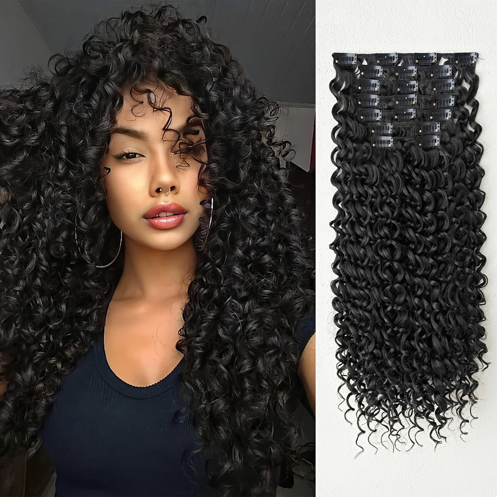 7pcs hair clip with Ombre color 45.72 cm Kinky Curly heat-resistant fiber synthetic hair piece, suitable for Women's daily use