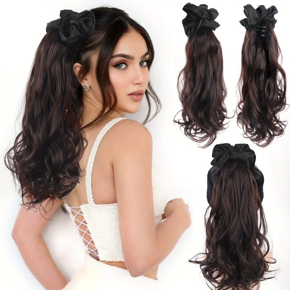 16 Inch Elegant Black Wavy Claw Clip Ponytail Hair Extensions for Women - High-Temperature Fiber, Synthetic Ponytail with Black Headband, Perfect for Weddings & Formal Event