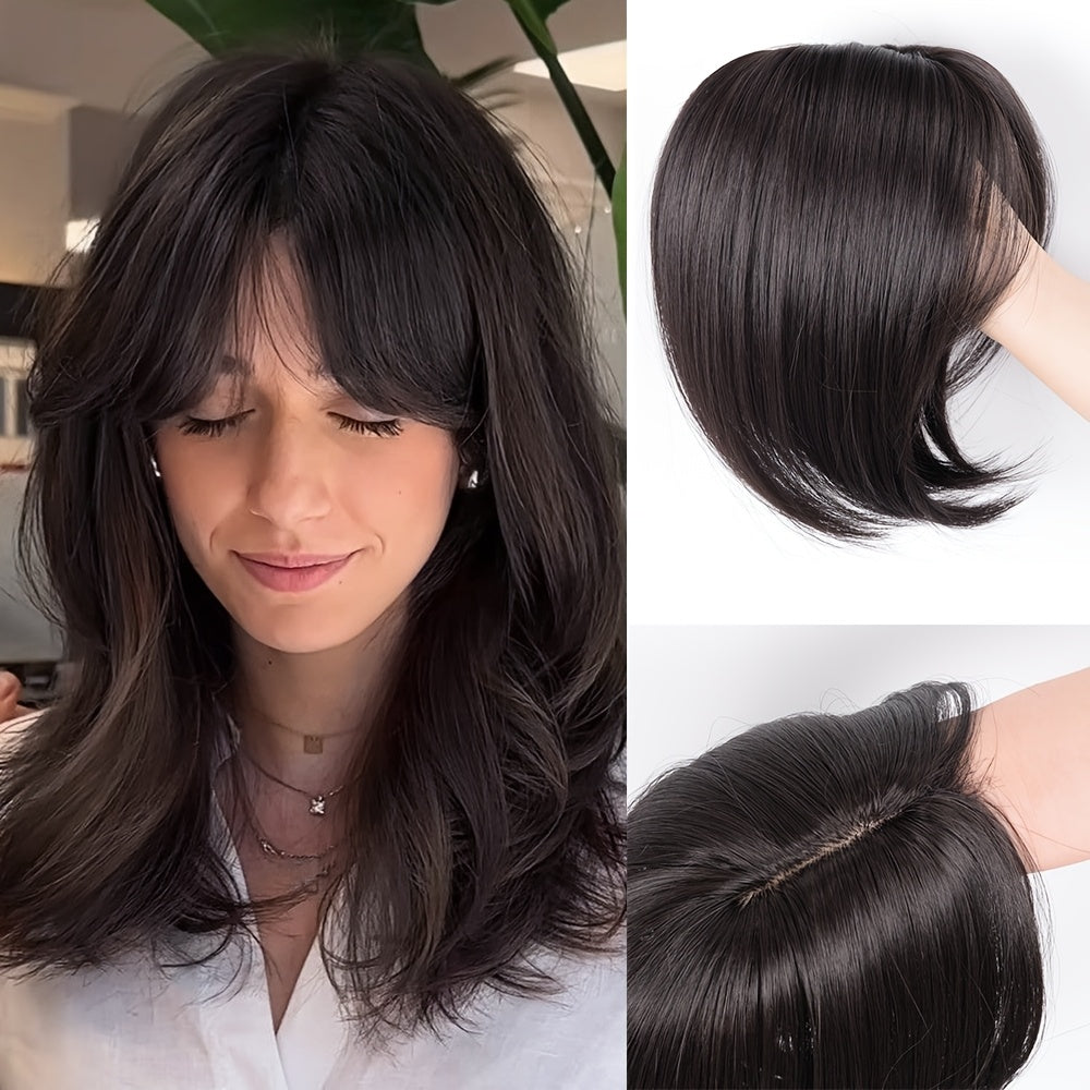 30.48 cm Hair Toppers for Women with Thinning Hair Synthetic Hair Topper with Wispy Bangs 3D Cover Upgrade Middle Part Clip in Bangs for Women Daily Gift Black Dark Brown Heat Resistant High Temperature Fiber