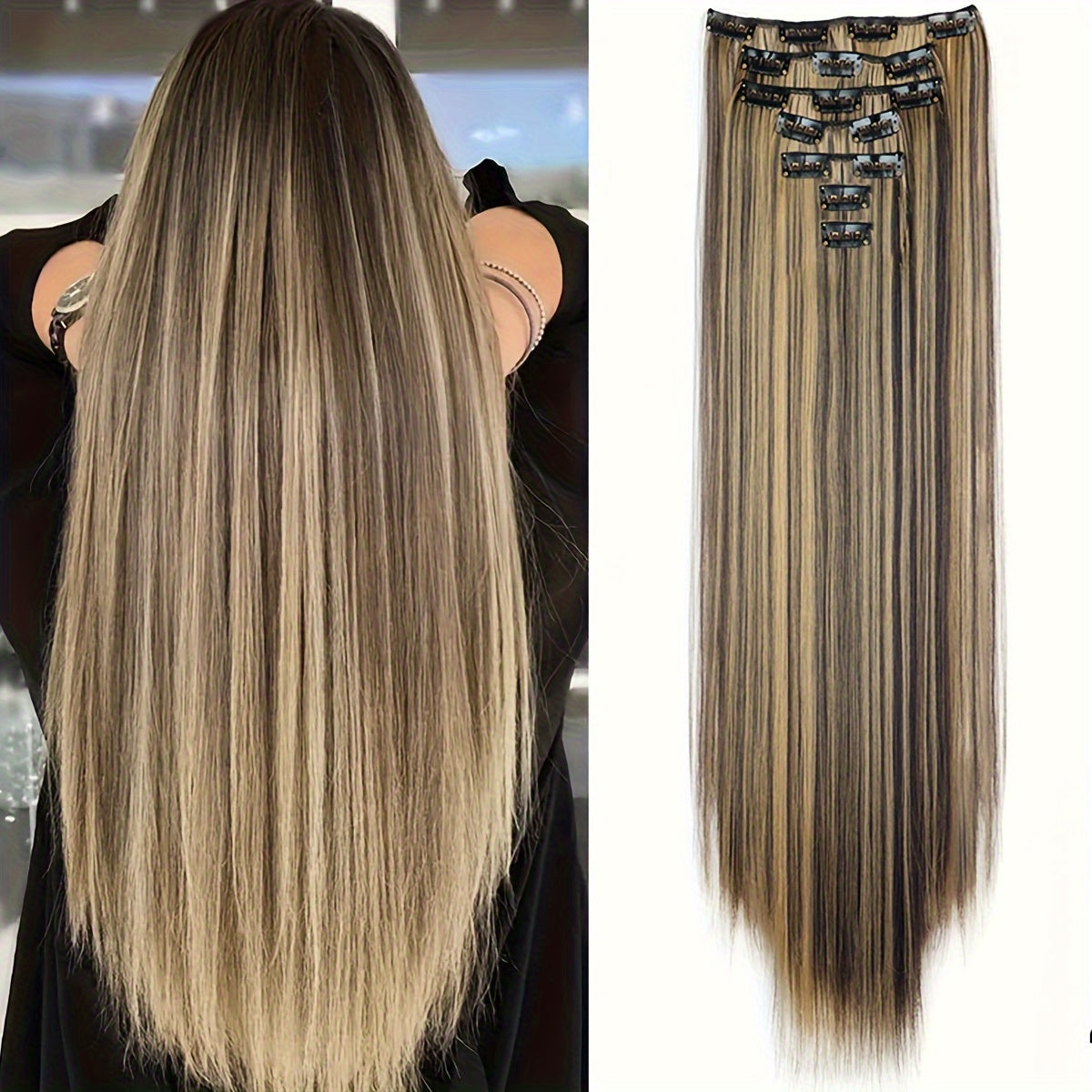 24-Inch 7pcs Set 16 Clip-In Women's Straight Hair Extensions Set Natural Gloss Heat-Resistant Synthetic Fiber Glamorous Style Suitable for All Users Increase Hair Volume Holiday Hot New Style New Color