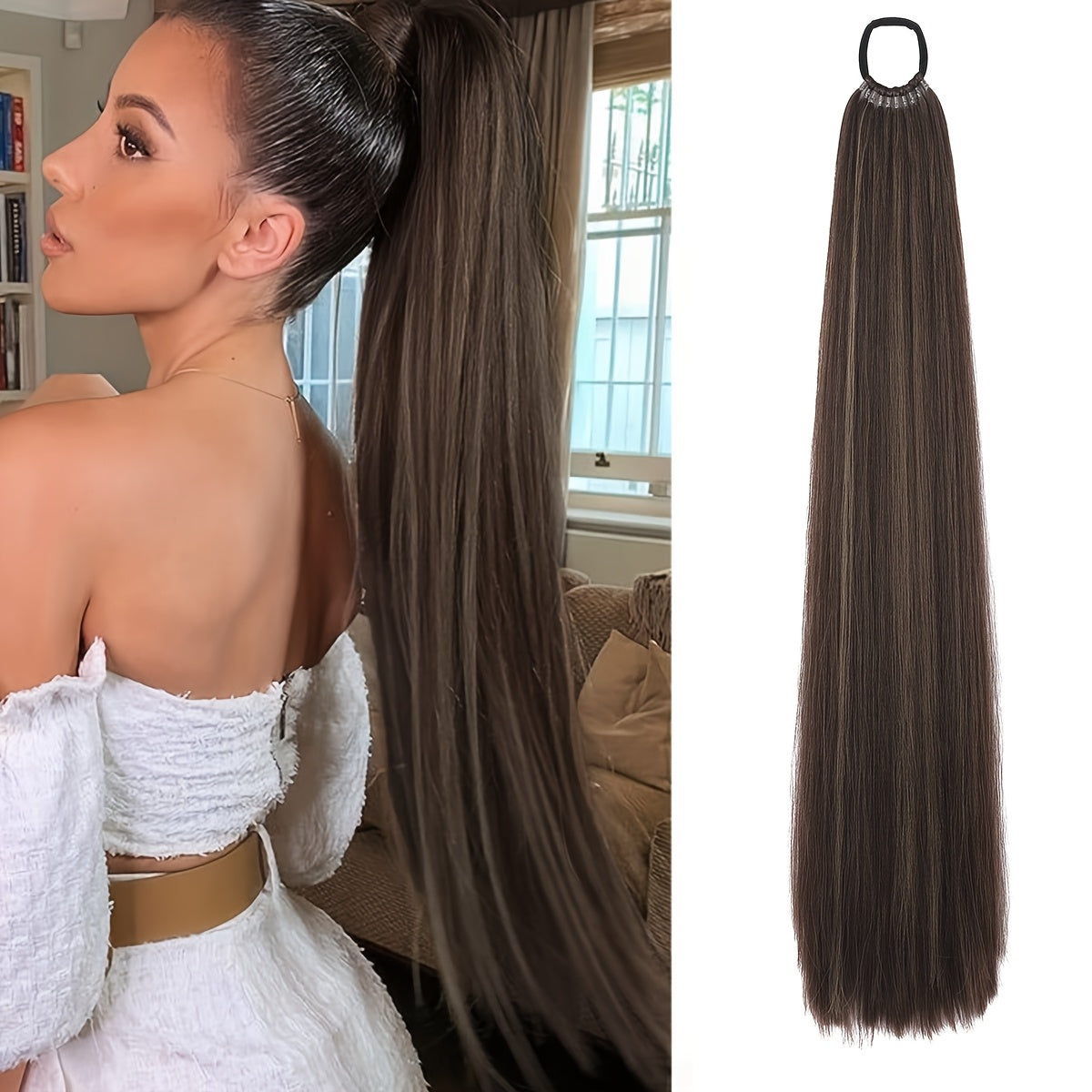 26-Inch Long Straight Ponytail Extension with Braided Boxing Ties And Rubber Bands for DIY.