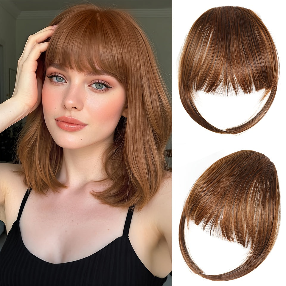 Elegant Clip-In Bangs for Women - Natural-Looking, Voluminous Fake Hair Extensions in Golden Chestnut Brown, Black, Light Brown | High-Quality, Heat-Resistant Synthetic Fiber with Temples for Casual Attire