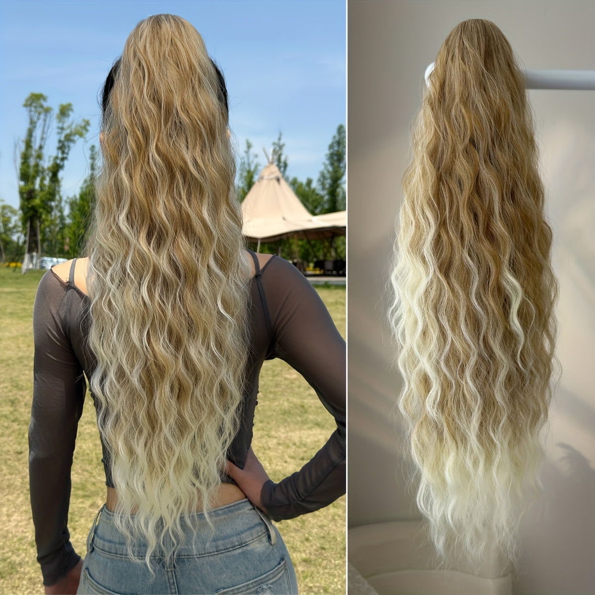 Ombre Colored Claw-Shaped Ponytail Extension Hair Accessory - 26 Inch Water Wave Heat-Resistant Synthetic Ponytail Wig for Women, Dark Brown to Blonde Gradient, Perfect for Daily Use, Ponytail Wigs, Hair Styling, Versatile Hairpiece, Heatresistant Fiber