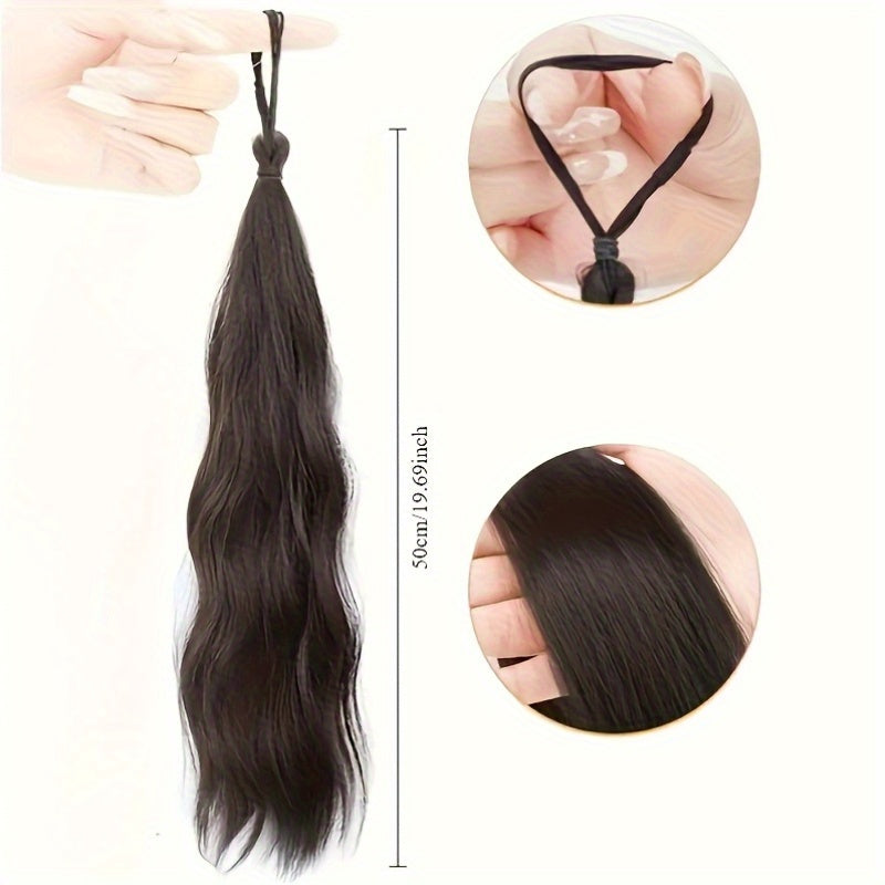 2pcs Set of Synthetic Hair - Long Wavy Braided Ponytail Band with Elastic Rubber Band, Straight Style, Women'S Elastic Hair Loop, Suitable for Various Hairstyles, Wigs