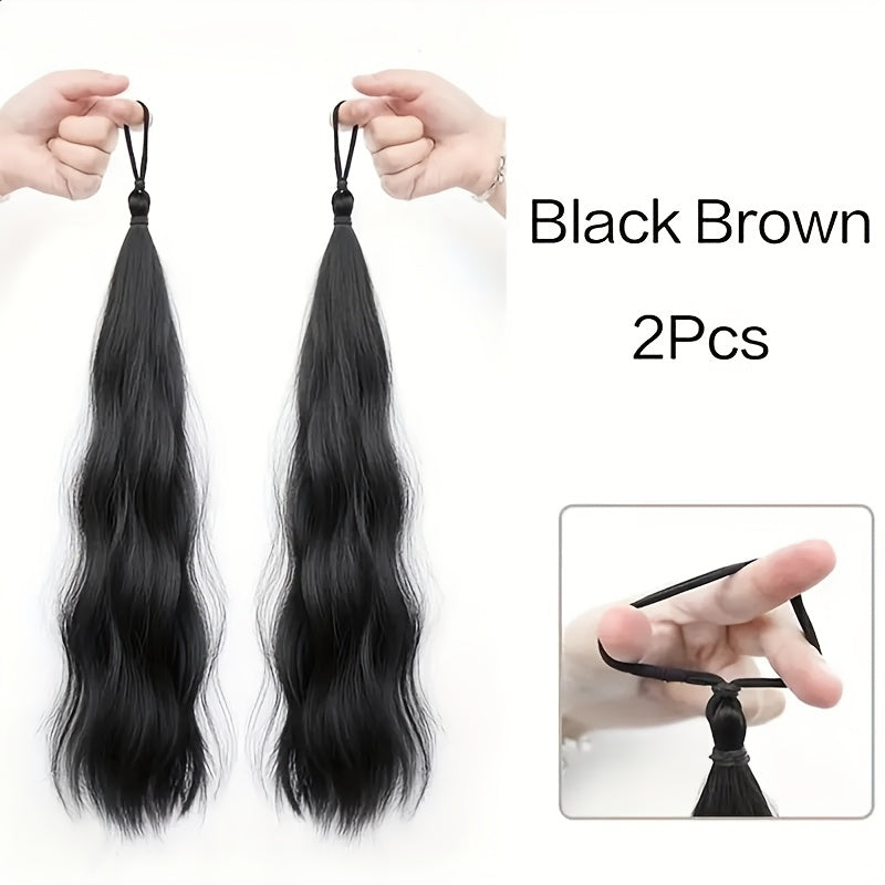 2pcs Set of Synthetic Hair - Long Wavy Braided Ponytail Band with Elastic Rubber Band, Straight Style, Women'S Elastic Hair Loop, Suitable for Various Hairstyles, Wigs