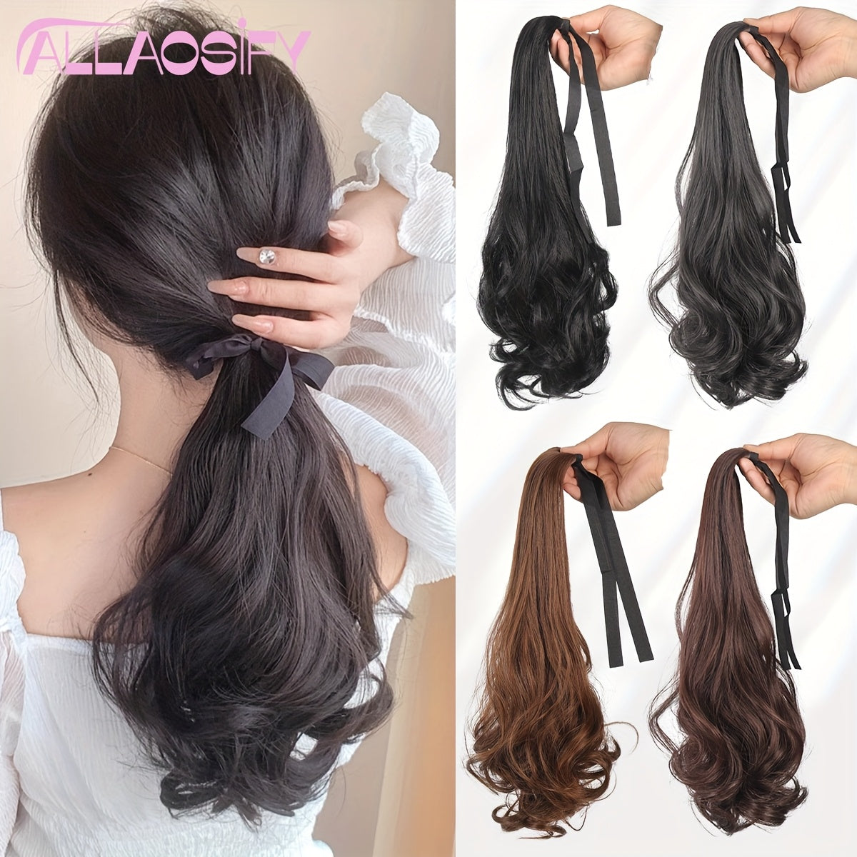 A Wavy Hairpiece with a Braided Design That Naturally Curls Around a Woman'S Ponytail.