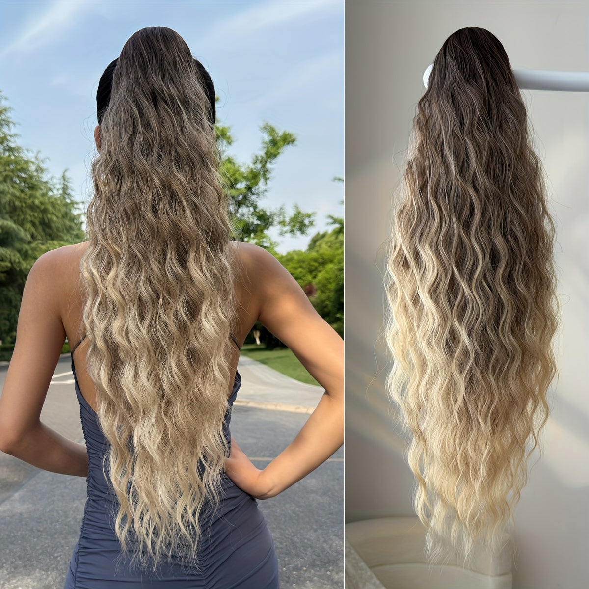 Ombre Colored Claw-Shaped Ponytail Extension Hair Accessory - 26 Inch Water Wave Heat-Resistant Synthetic Ponytail Wig for Women, Dark Brown to Blonde Gradient, Perfect for Daily Use, Ponytail Wigs, Hair Styling, Versatile Hairpiece, Heatresistant Fiber
