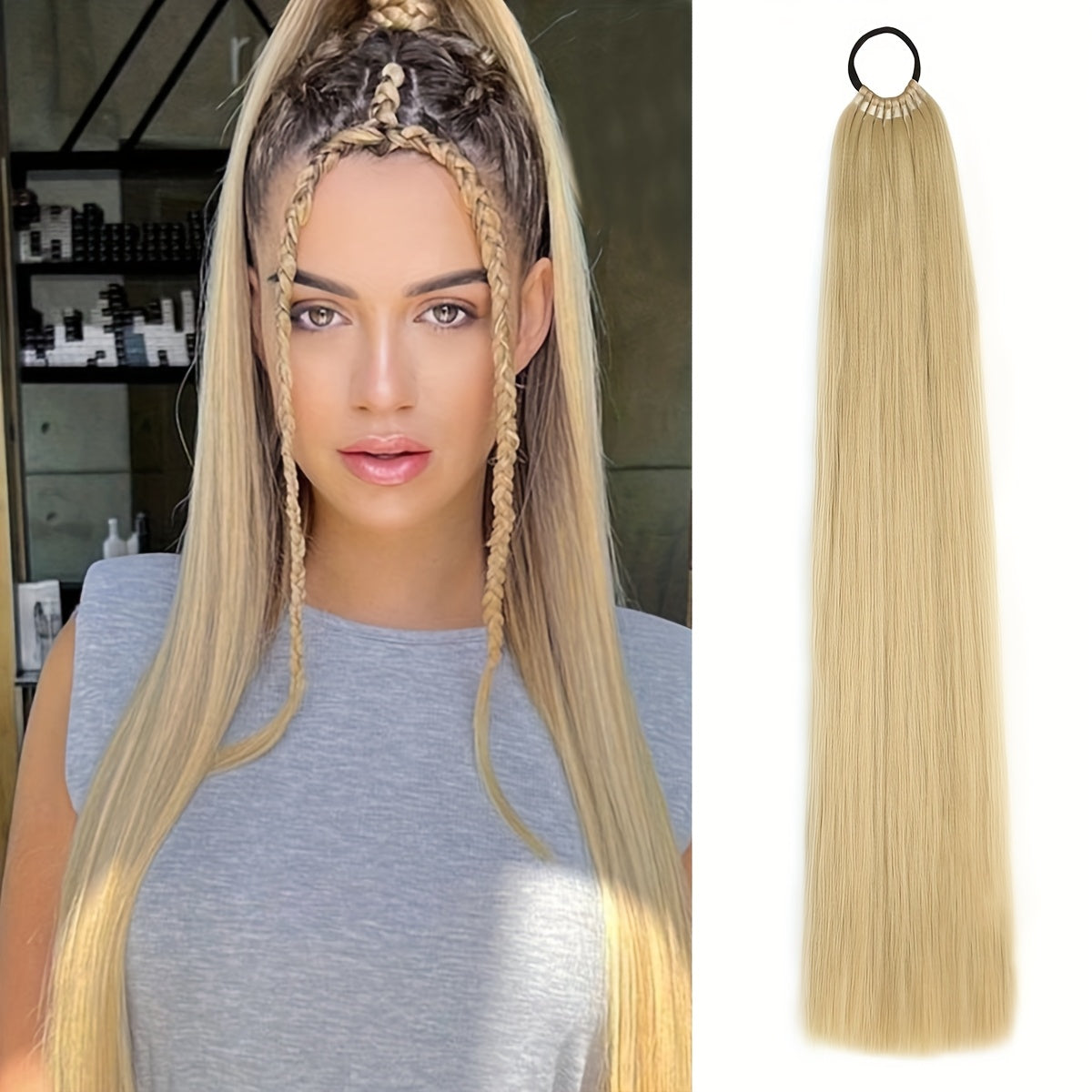 26-Inch Long Straight Ponytail Extension with Braided Boxing Ties And Rubber Bands for DIY.