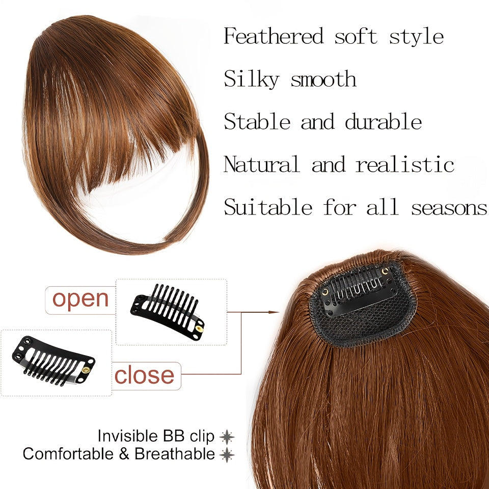 Elegant Clip-In Bangs for Women - Natural-Looking, Voluminous Fake Hair Extensions in Golden Chestnut Brown, Black, Light Brown | High-Quality, Heat-Resistant Synthetic Fiber with Temples for Casual Attire
